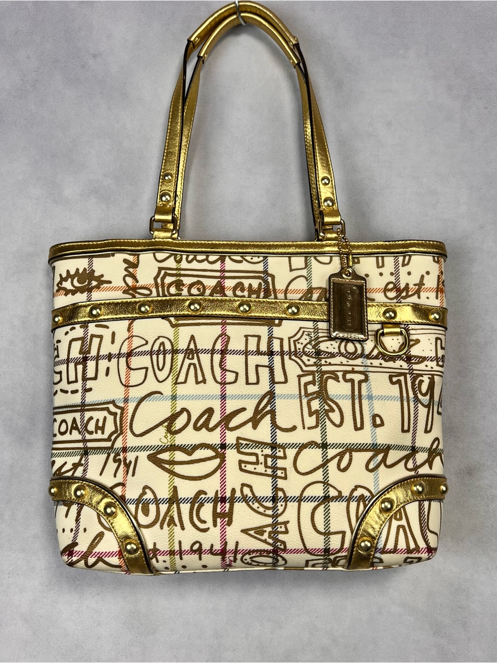 Coach Gold-Trim Signature Script Tote Shoulder Bag Y2k Vintage